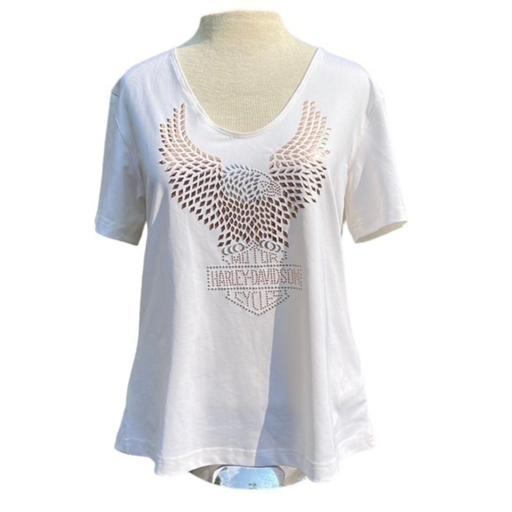 HARLEY DAVIDSON womens short sleeve shirt white with eagle in sequins, large